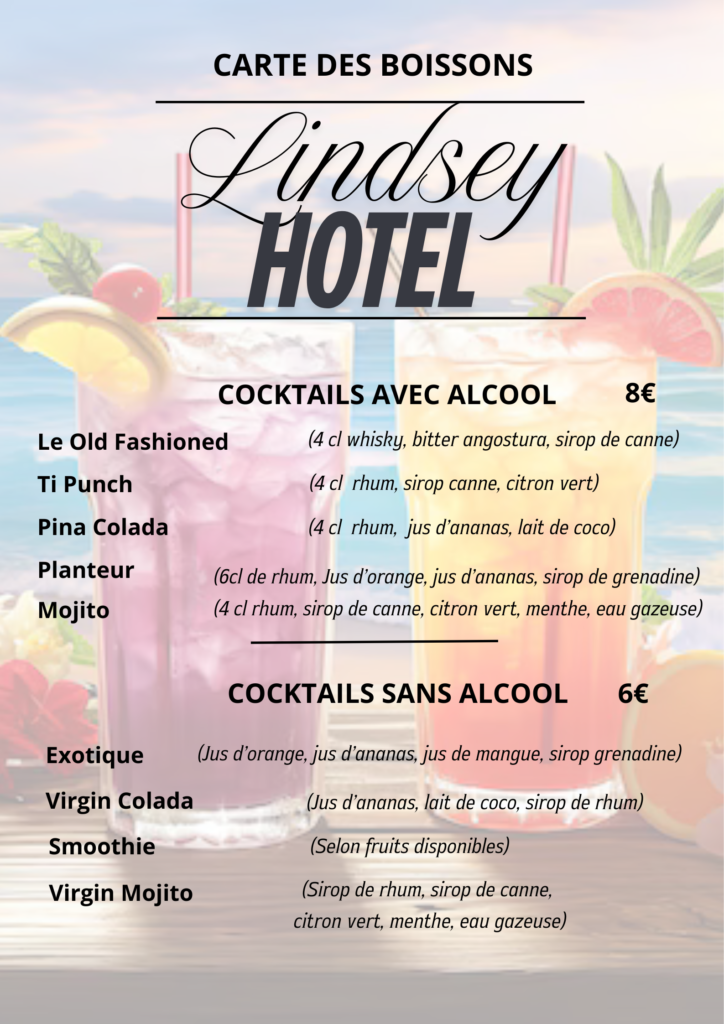 Menu des cocktails avec et sans alcool, tarifs bar piscine Lindsey Hôtel La Réunion
